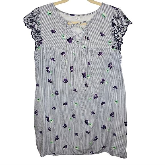 Old Navy Blue and White Striped Floral Eyelet Mini Dress Lightweight Large - Picture 4 of 7